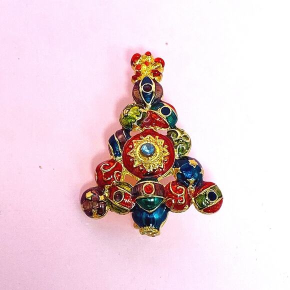 Vintage Christopher Radko  Christmas Tree Enamel Rhinestone Pin Brooch Signed - Picture 2 of 6